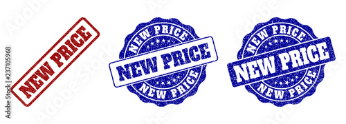 NEW PRICE grunge stamp seals in red and blue colors. Vector NEW PRICE watermarks with grunge texture. Graphic elements are rounded rectangles, rosettes, circles and text captions.