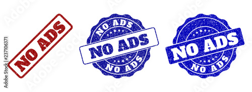 NO ADS scratched stamp seals in red and blue colors. Vector NO ADS labels with grainy style. Graphic elements are rounded rectangles, rosettes, circles and text labels.