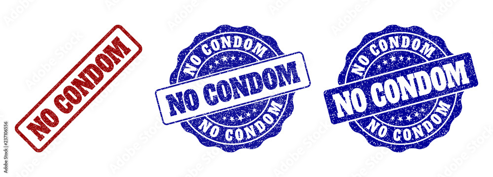 NO CONDOM scratched stamp seals in red and blue colors. Vector NO CONDOM signs with grunge effect. Graphic elements are rounded rectangles, rosettes, circles and text tags.