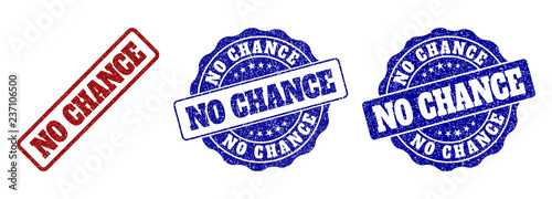 NO CHANCE grunge stamp seals in red and blue colors. Vector NO CHANCE labels with grunge style. Graphic elements are rounded rectangles, rosettes, circles and text labels.