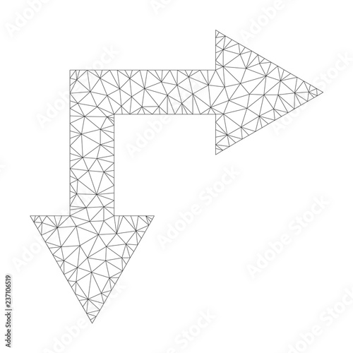 Mesh vector bifurcation arrow right down icon on a white background. Polygonal carcass gray bifurcation arrow right down image in lowpoly style with combined triangles, nodes and linear items.