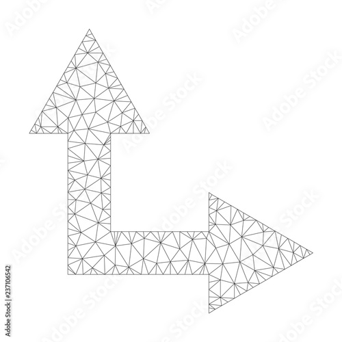 Mesh vector bifurcation arrow right up icon on a white background. Polygonal carcass grey bifurcation arrow right up image in lowpoly style with structured triangles, nodes and linear items.