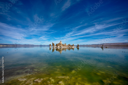 Mono Lake with tufa tower reflection in the water in California