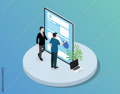 mobile app website development with tablet and team developer with isometric style