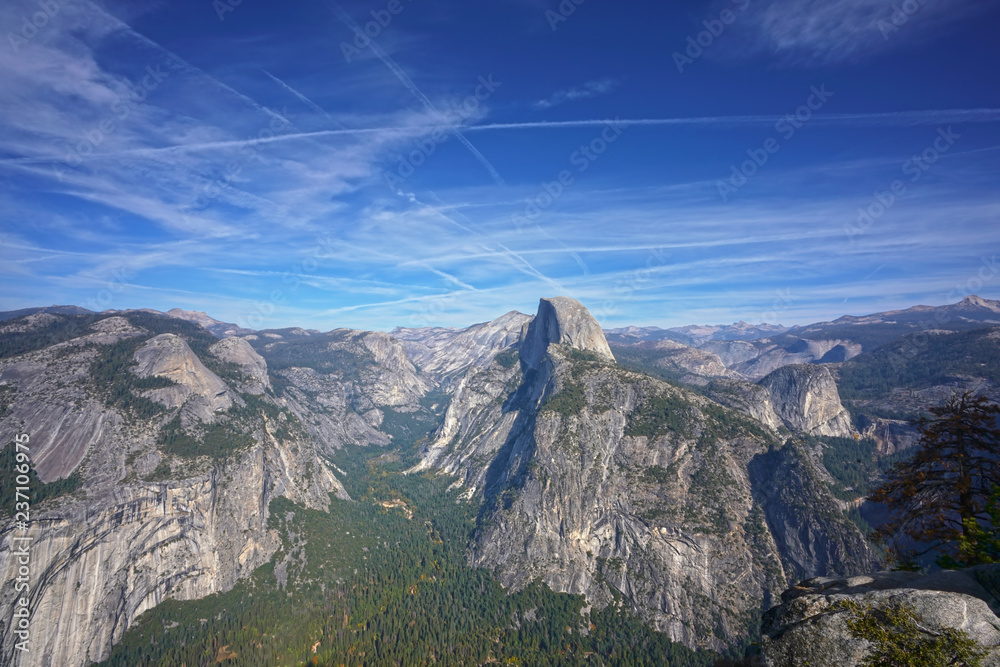 Panoramic view of the mountain range in Yosemite National Park with Half Dome in the center