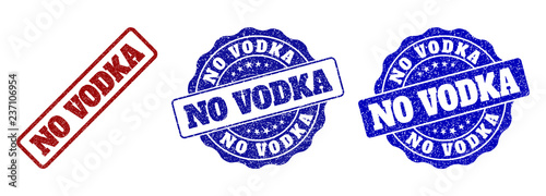 NO VODKA scratched stamp seals in red and blue colors. Vector NO VODKA watermarks with scratced surface. Graphic elements are rounded rectangles, rosettes, circles and text tags.