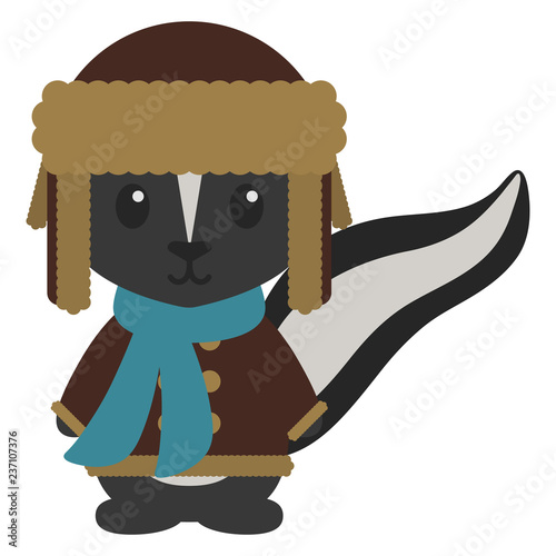 Skunk in Winter Clothes - Skunk wearing brown trapper hat, brown coat, and blue scarf