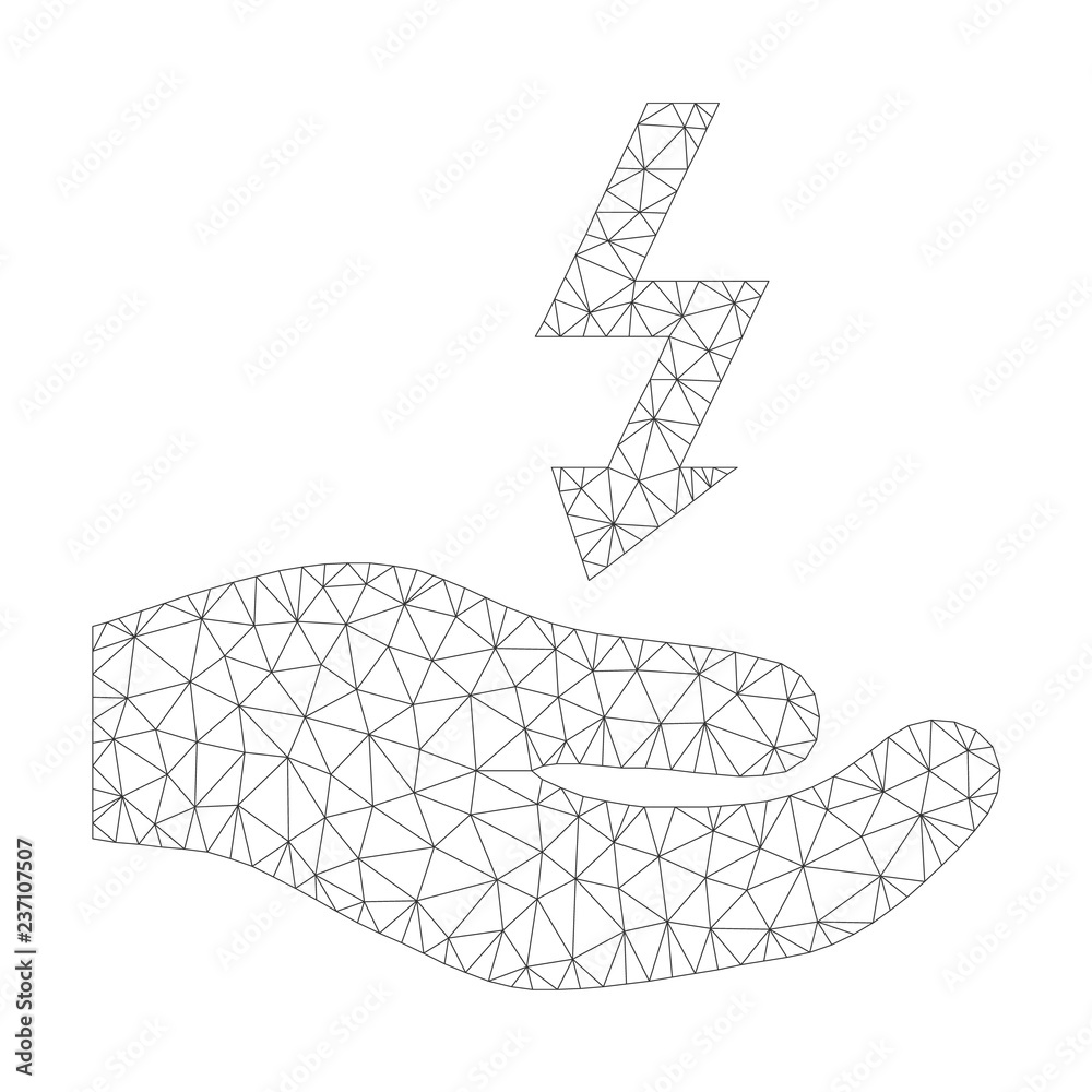 Mesh vector electricity supply hand icon on a white background. Polygonal wireframe dark gray electricity supply hand image in low poly style with combined triangles, points and linear items.