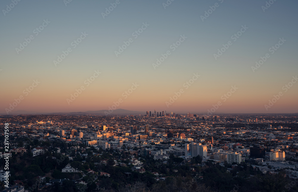 Summer sunset over city of Los Angeles in California.