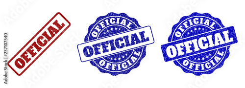 OFFICIAL scratched stamp seals in red and blue colors. Vector OFFICIAL labels with distress style. Graphic elements are rounded rectangles, rosettes, circles and text labels.