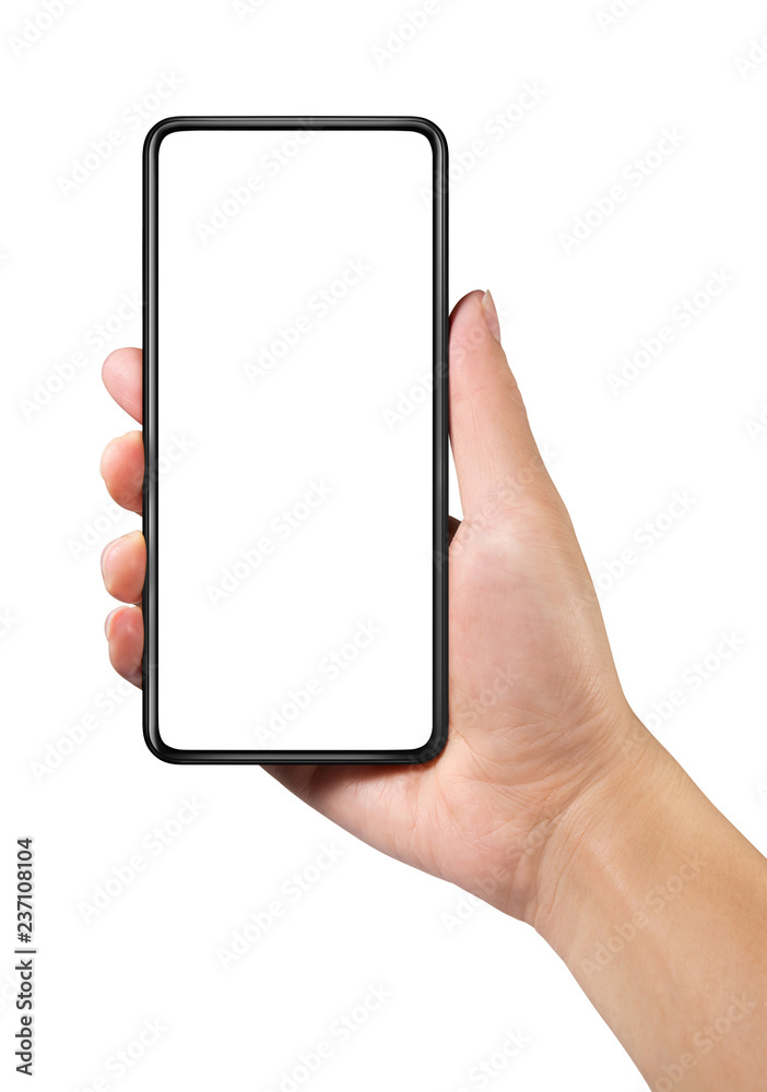 Man hand holding the black smartphone with blank screen and modern frame less design isolated on white Man hand holding the black smartphone with blank screen and modern frame less design isolated on white