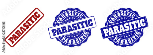 PARASITIC grunge stamp seals in red and blue colors. Vector PARASITIC overlays with grunge surface. Graphic elements are rounded rectangles, rosettes, circles and text titles.