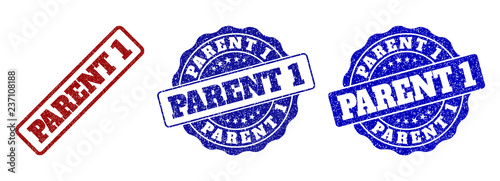 PARENT 1 grunge stamp seals in red and blue colors. Vector PARENT 1 imprints with grunge effect. Graphic elements are rounded rectangles, rosettes, circles and text labels.