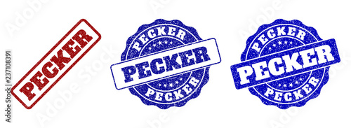PECKER scratched stamp seals in red and blue colors. Vector PECKER labels with distress effect. Graphic elements are rounded rectangles, rosettes, circles and text labels.