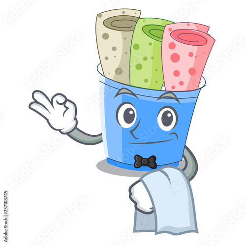 Waiter ice cream rolls at cups cartoon