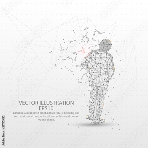 Human back view form low poly wire frame on white background.