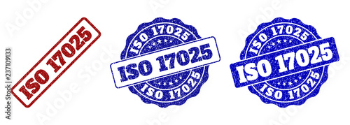 ISO 17025 grunge stamp seals in red and blue colors. Vector ISO 17025 marks with grunge surface. Graphic elements are rounded rectangles, rosettes, circles and text titles.