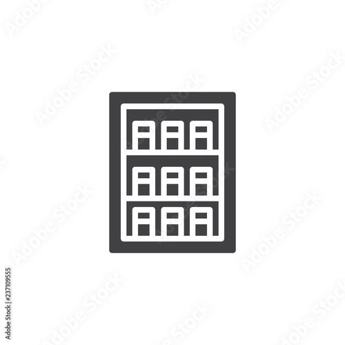 Showcase fridge vector icon. filled flat sign for mobile concept and web design. Refrigerator dispenser with bottles and boxes simple solid icon. Symbol, logo illustration. Pixel perfect