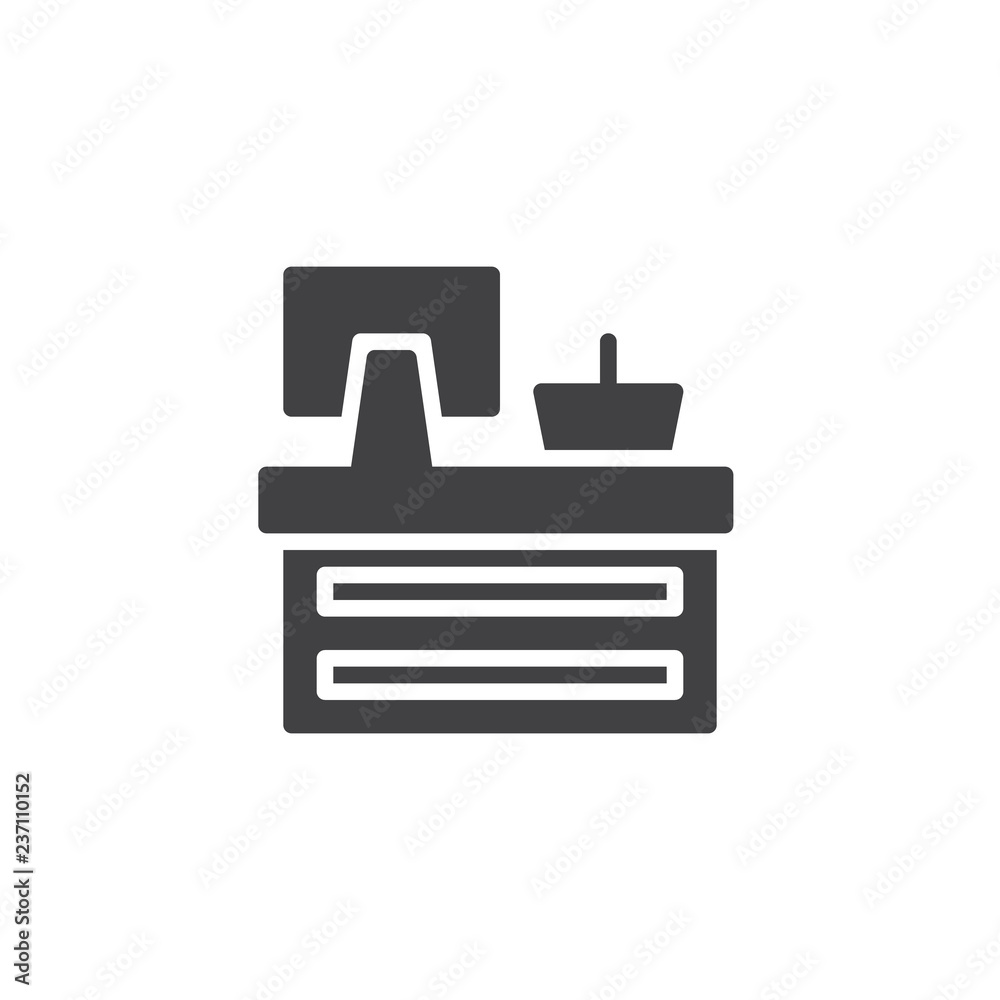 Market cashier table vector icon. filled flat sign for mobile concept and web design. Cash desk simple solid icon. Symbol, logo illustration. Pixel perfect vector graphics Market cashier table vector icon. filled flat sign for mobile concept and web design. Cash desk simple solid icon. Symbol, logo illustration. Pixel perfect vector graphics