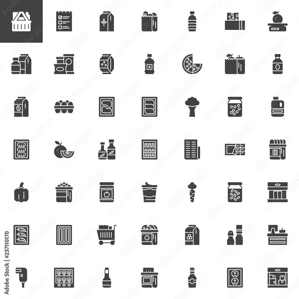 Grocery vector icons set, modern solid symbol collection, filled style pictogram pack. Signs, logo illustration. Set includes icons as Shopping cart, Store shop, Flour paper bag, Canned food, Invoice Grocery vector icons set, modern solid symbol collection, filled style pictogram pack. Signs, logo illustration. Set includes icons as Shopping cart, Store shop, Flour paper bag, Canned food, Invoice