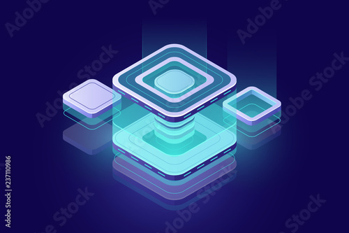 Datacenter concept, blockchain tech isometric icon, digital technology design element, server room, data accumulation, cloud storage concept, dark neon