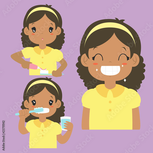 Brushing teeth activity cartoon vector collection. Happy African American girl putting a toothpaste on a toothbrush, a girl brushing his teeth and a girl smiling happily showing his clean teeth. 