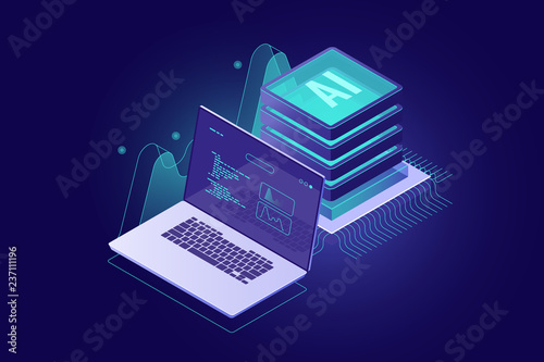 Data accounting isometric information management, digital marketing, online service data analysis and statistic, laptop graphics chart