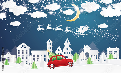 Wallpaper Mural Christmas Village and Santa Claus in Sleigh in Paper Cut Style. Red Truck Carry Christmas Tree. Torontodigital.ca