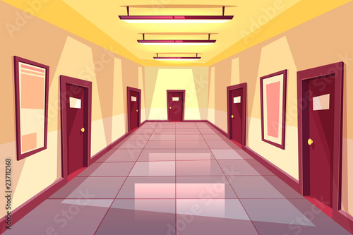 Vector cartoon hallway, corridor with many doors - college, university or office building. The bright place with illumination from electric lamps. Interior concept, architecture background.