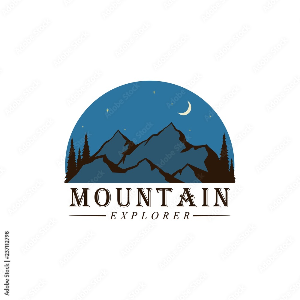 Forest, Mountain Adventure at Night Badge Vector Logo, Sign, Icon Template
