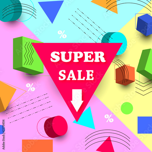Multicolored decorative background with 3D geometric figures. The inscription SUPER SALE. Vector illustration