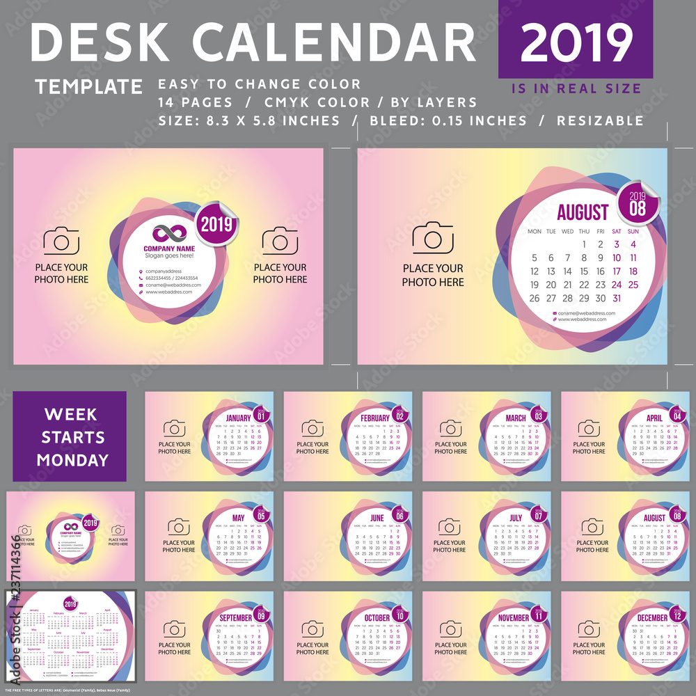Desk calendar template for 2019 Year, Design calendar template, Week starts on Monday. spiral calendar, Vector Illustration