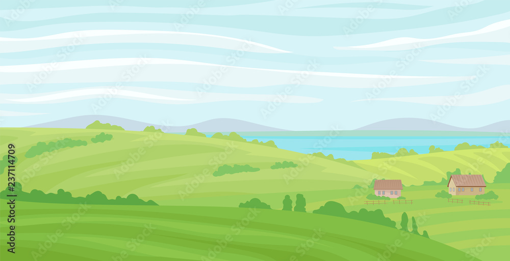 Plakat Lato wiejski krajobraz, łąka z zieloną trawą i rzeką, rolnictwo i hodowla wektorowa ilustracja na białym tle