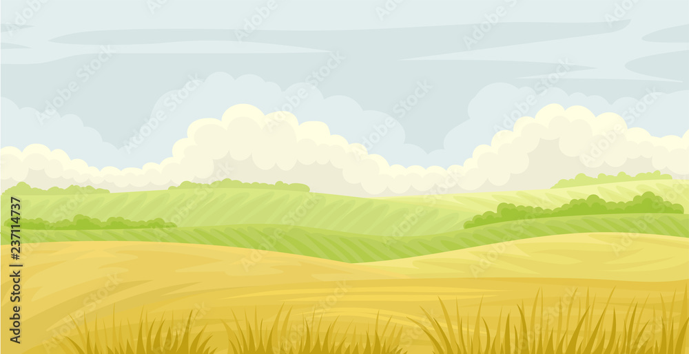 Beautiful nature landscape, meadow on a cloudy blue sky, agriculture and farming vector Illustration on a white background Beautiful nature landscape, meadow on a cloudy blue sky, agriculture and farming vector Illustration on a white background
