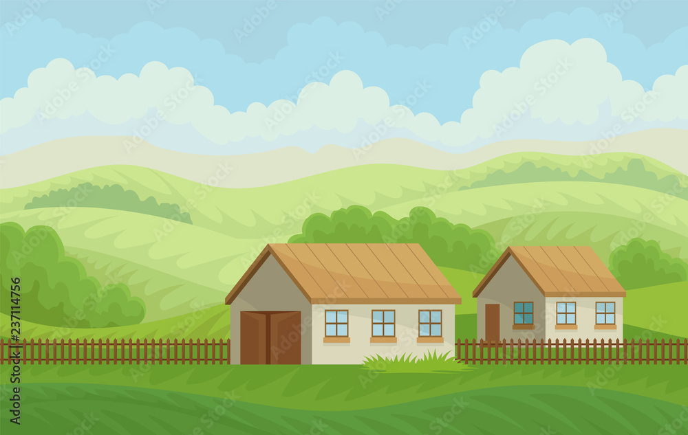 Summer rural landscape with village houses and fence, meadow with green grass, agriculture and farming vector Illustration on a white background