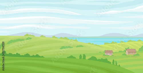 Summer rural landscape  meadow with green grass and river  agriculture and farming vector Illustration on a white background