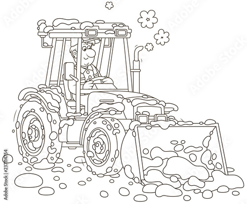 Smiling worker driving his wheeled tractor grader with a bucket and cleaning snow after snowfall, black and white vector illustration in cartoon style