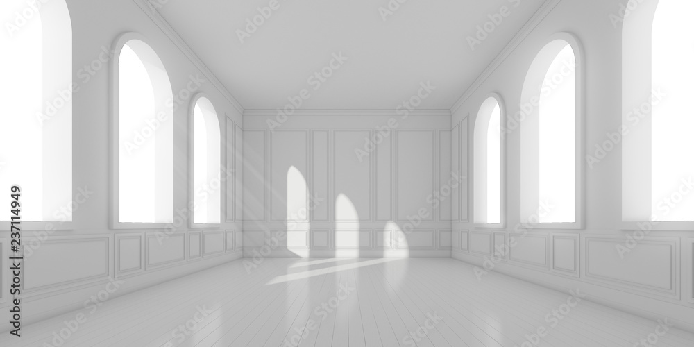 3D stimulate of empty white room with wood plank floor and sun light cast the arch window shadow on the classic wall,Perspective of minimal design architecture,3d rendering	