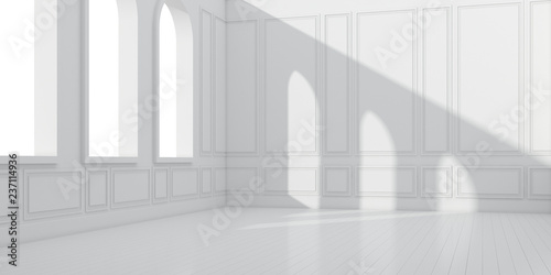3D stimulate of empty white room with wood plank floor and sun light cast the arch window shadow on the classic wall Perspective of minimal design architecture 3d rendering 