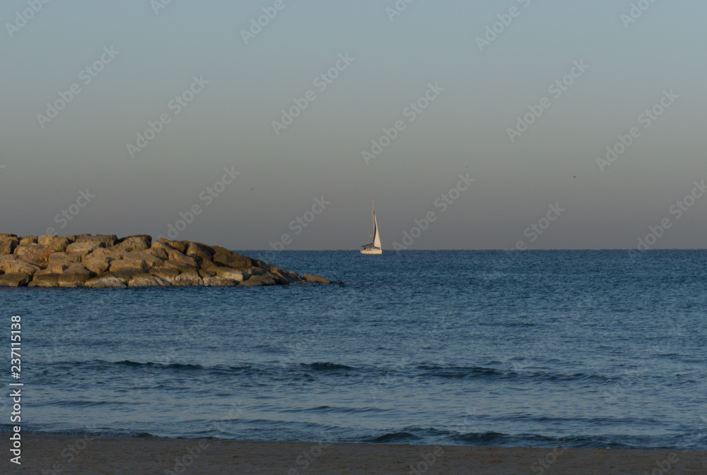 White yacht at sea in the early morning - romantic vacation concept, White yacht at sea in the early morning - romantic vacation concept,