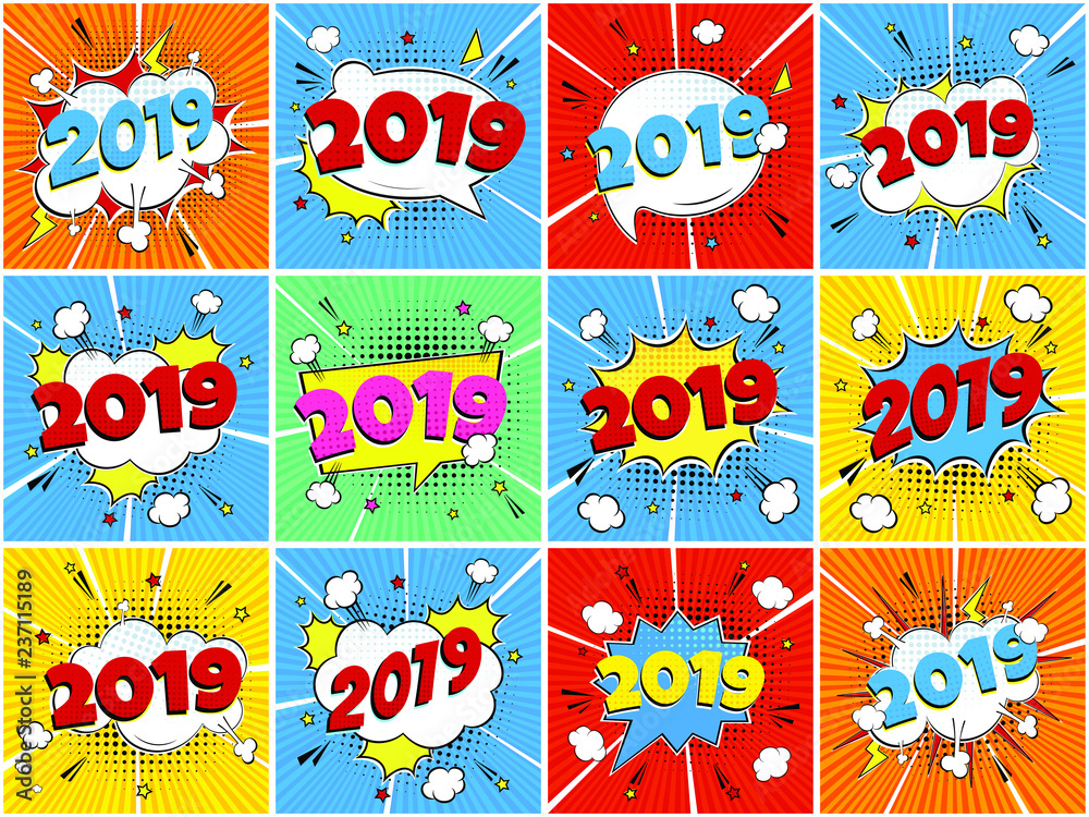2019 happy new year christmas comic pop art speech bubble set vector illustration. Colorful pop art style sound effect. Halftone, vintage comic sound effects isolated on rays background.