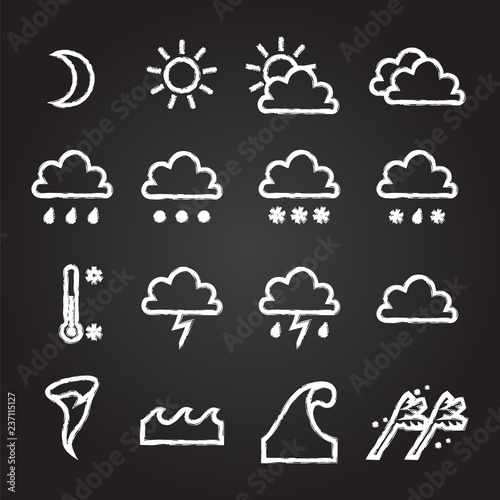Weather icons set. Cloud, sun, precipitation.Chalkboard vector illustration.
