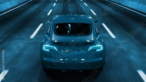 Modern Electric car rides through tunnel with warm yellow light 3d rendering