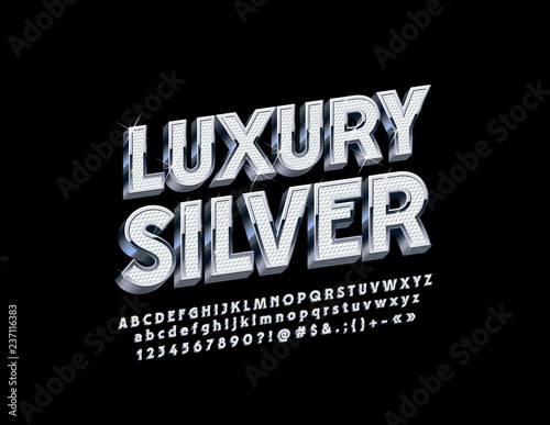 Vector set of luxury Silver Alphabet Letters, Numbers and Symbols. Metallic gradient Font.
