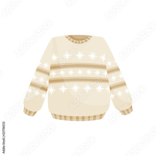 Beige Christmas sweater with norwegian ornament, knitted warm jumper vector Illustration on a white background