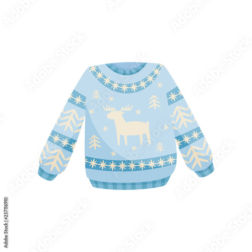 Blue and white Christmas sweater, knitted warm jumper with reindeer vector Illustration on a white background