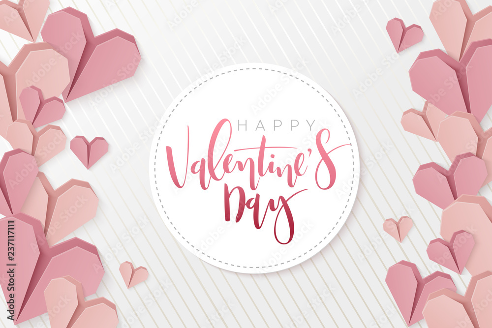 Vector illustration of valentine's day greetings card template with hand lettering label - happy valentine's day - with paper origami heart shapes