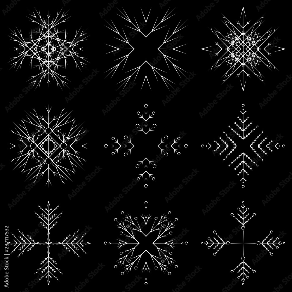 Vector collection of artistic icy abstract crystal snow flakes isolated on background as winter december decoration group or collection. Ice or frost beautiful star ornament silhouette or season art Vector collection of artistic icy abstract crystal snow flakes isolated on background as winter december decoration group or collection. Ice or frost beautiful star ornament silhouette or season art
