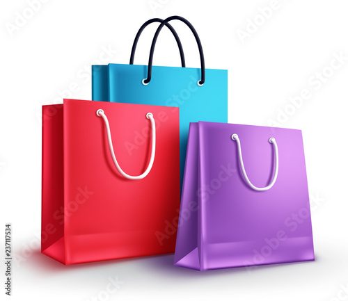 Colorful shopping bags vector illustration. Group of empty paper bags with different colors isolated in white for shopping design elements.