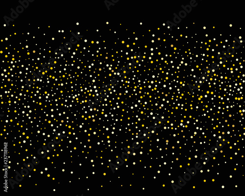 Abstract pattern of random falling gold dots on black background. Holiday abstract texture. Christmas Gold  Glitter background. 